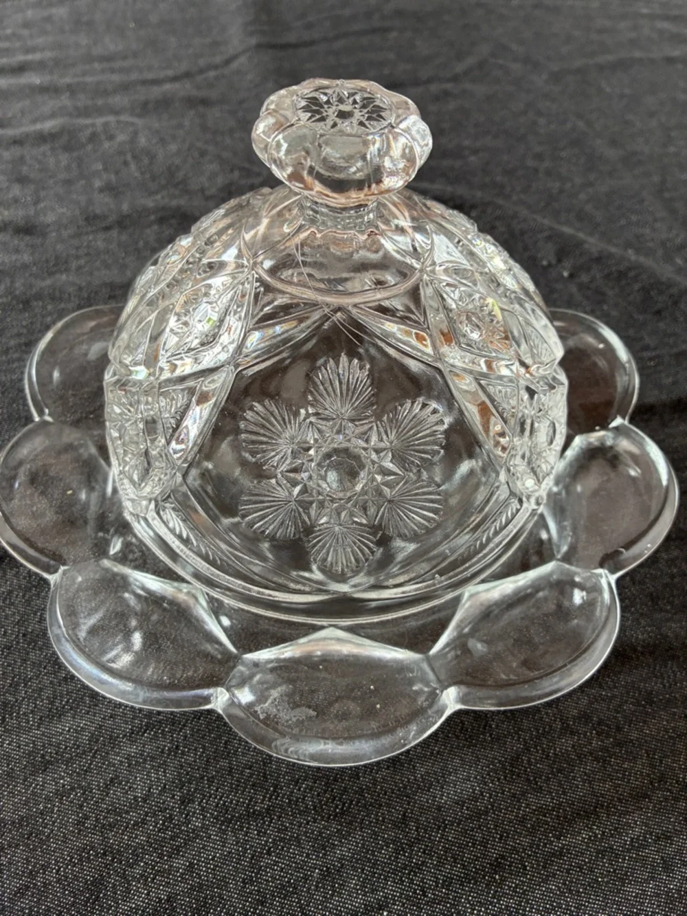 Clear Floral Pressed Glass Butter Dish with Dome Lid. Ventige
